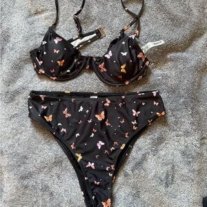 Black Butterfly Print Bikini Set